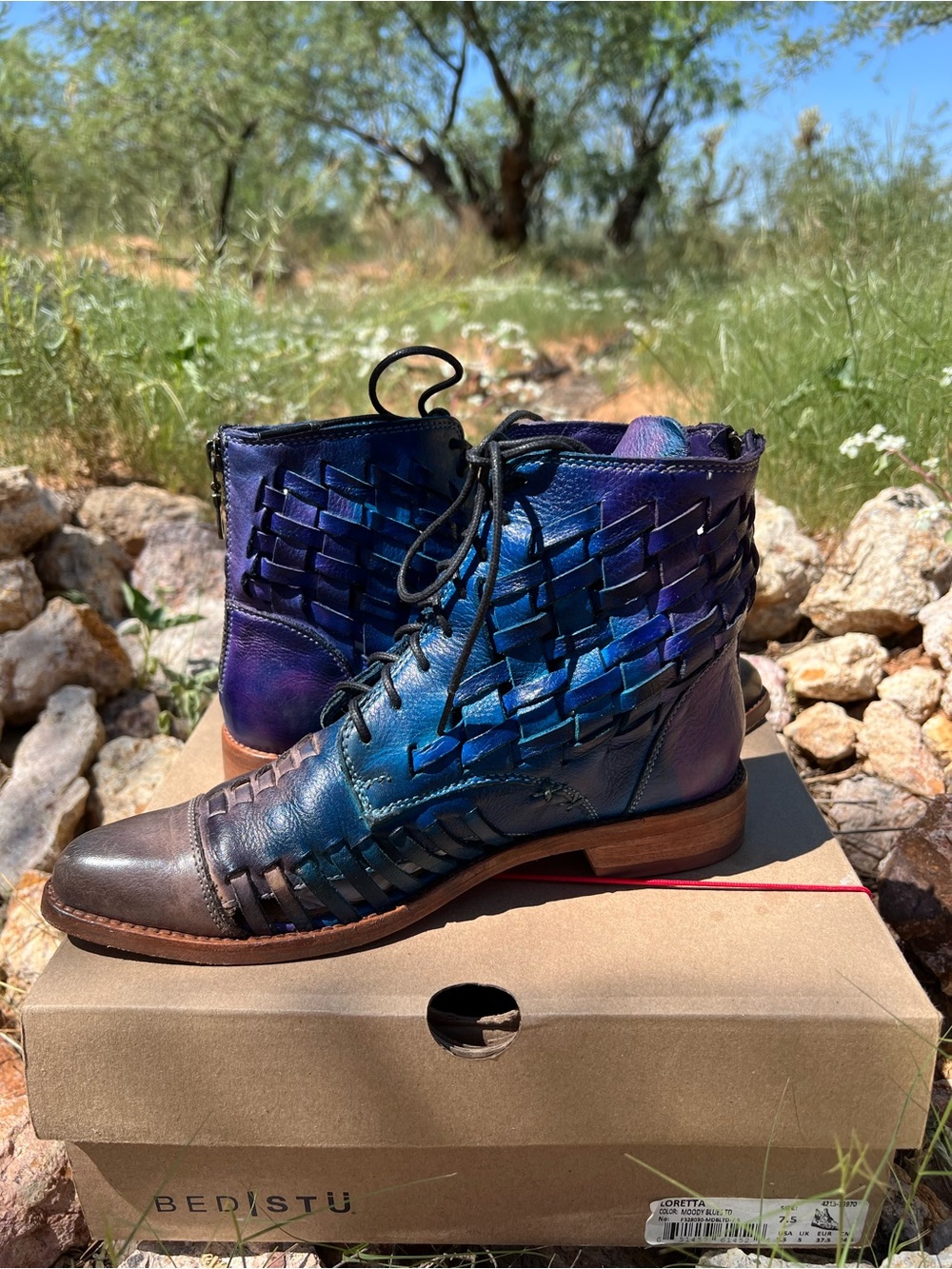 Bed|Stu Loretta Moody Blues TD 7.5 Blue Purple Tie Dye Woven Leather Boots - Picture 8 of 9
